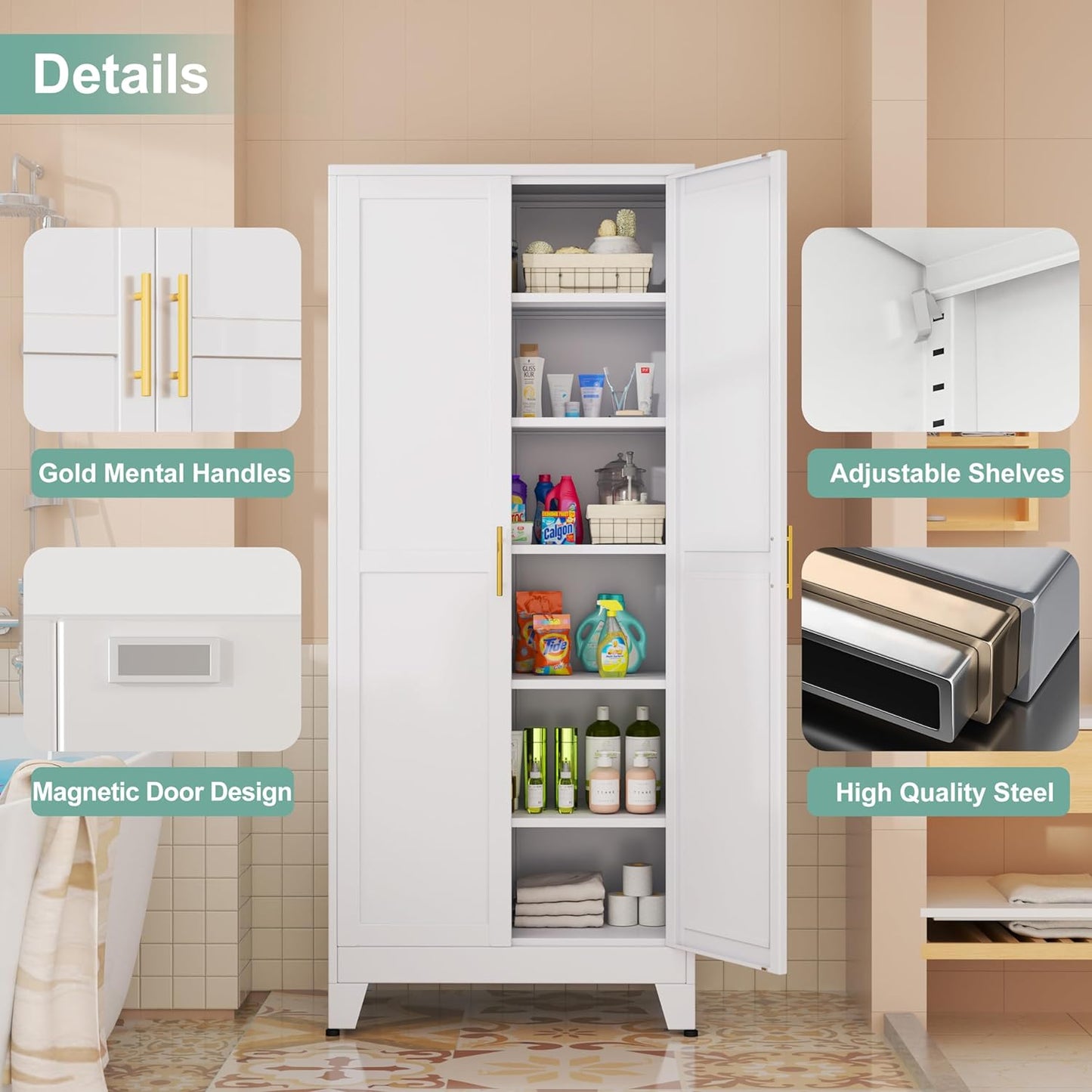Metal Pantry Cabinet with 2 Doors and 5 Adjustable Shelves, 75" Kitchen Storage cabinets with Gold Handles, Versatile Storage for Laundry Room, Living Room, Bathroom, Dinning Room, Utility Room-White