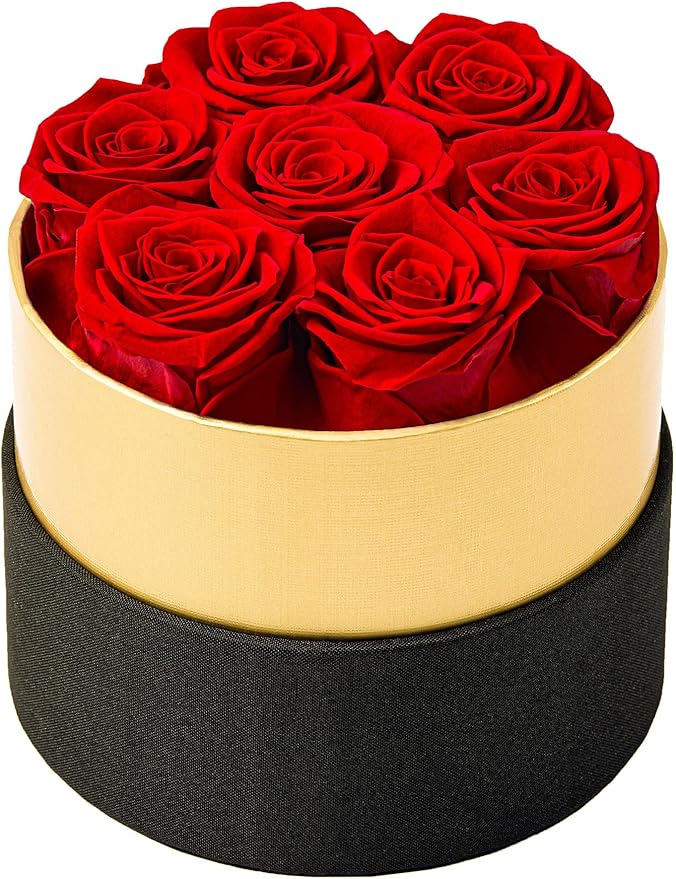 Beaulasting Long Lasting Preserved Roses in a Box Last a Year Forever Flowers for Her Mom Wife Anniversary Birthday (Round Black and Gold Box, Red)