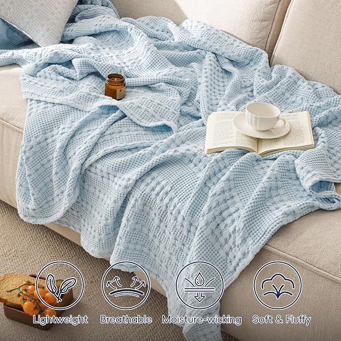 PHF 100% Cotton Waffle Blanket Twin Size for College Dorm, Lightweight Breathable and Soft for Summer, Luxury Aesthetic Waffle Weave Blanket for Bed & Gifts for Women, 66"x90", Sky Blue
