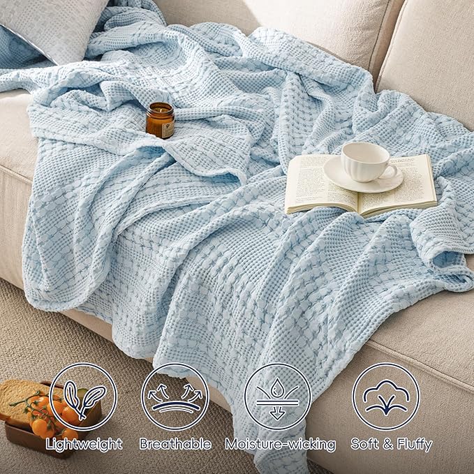 PHF 100% Cotton Waffle Blanket Queen Size for Bed, Lightweight Breathable and Soft for Summer, Luxury Aesthetic Waffle Weave Blanket for Home Decor & Gifts for Women, 90"x90", Sky Blue