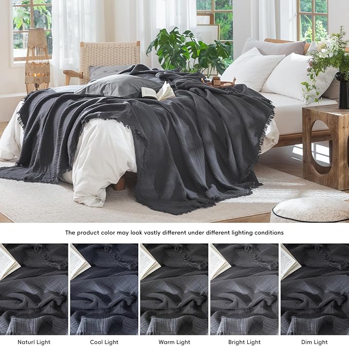 MooMee Muslin Blanket - 100% Cotton 4-Layer Gauze Throw Blanket with All-Around Fringe, Soft Breathable Lightweight Cooling Summer Blankets for Bed Couch (Dark Grey,Throw 60" x 50")