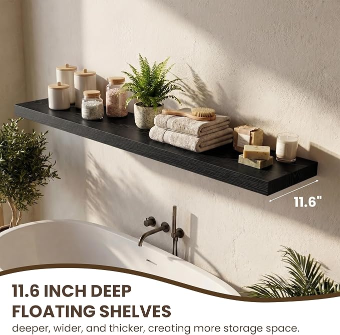 Acovy 36 Inch Floating Shelves for Wall Set of 2,12" Deep Floating Shelf Wall Mounted with Invisible Brackets,Rustic Bookshelf Wooden Storage Shelf for Living Room,Kitchen,Bathroom,Black