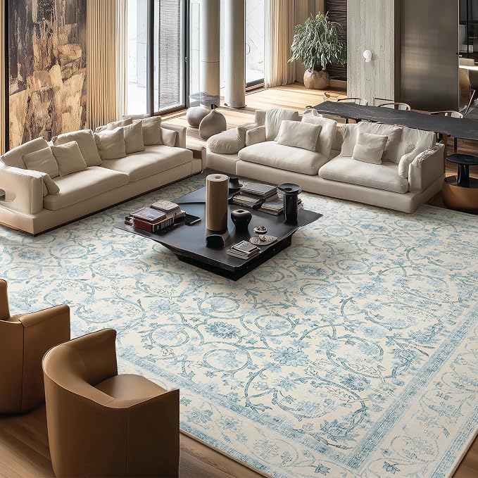 Washable Rugs for Living Room: 10x14 Area Rugs for Bedroom Ultra Soft Non-Slip Low Pile Vintage Boho Large Carpet for High-Traffic Dining Room - Farmhouse Decor