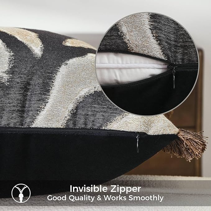 Luxury Zebra Lumbar Pillow Cover with Brown Tassel Trim, Zebra Pattern Jacquard Design Decorative Pillow Case for Sofa Bedroom Living Room, 12x20 Inch (Single Pack)