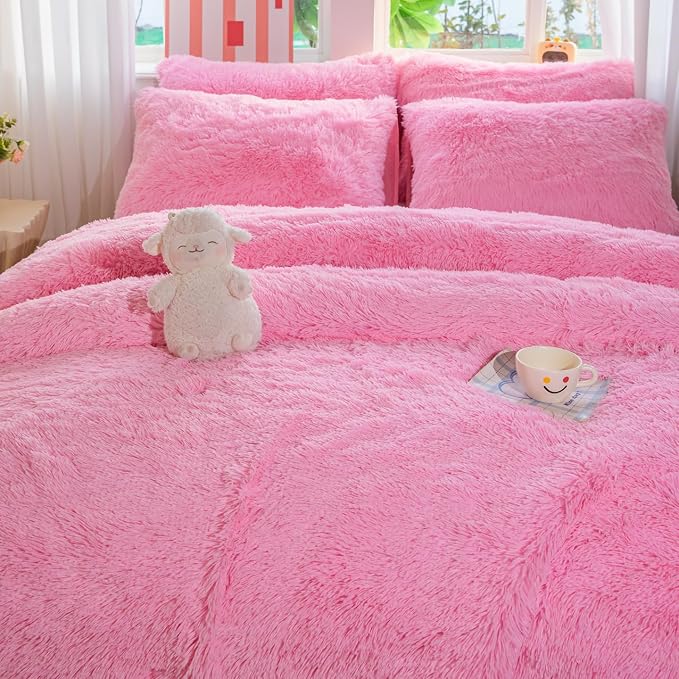 chovy Faux Fur Plush Pink Comforter Sets Twin/Full Size - Ultra Soft Shaggy Flannel Velvet Fluffy Fuzzy 3PC Bedding Set （Comforter x 1 Pillowcases x 2）