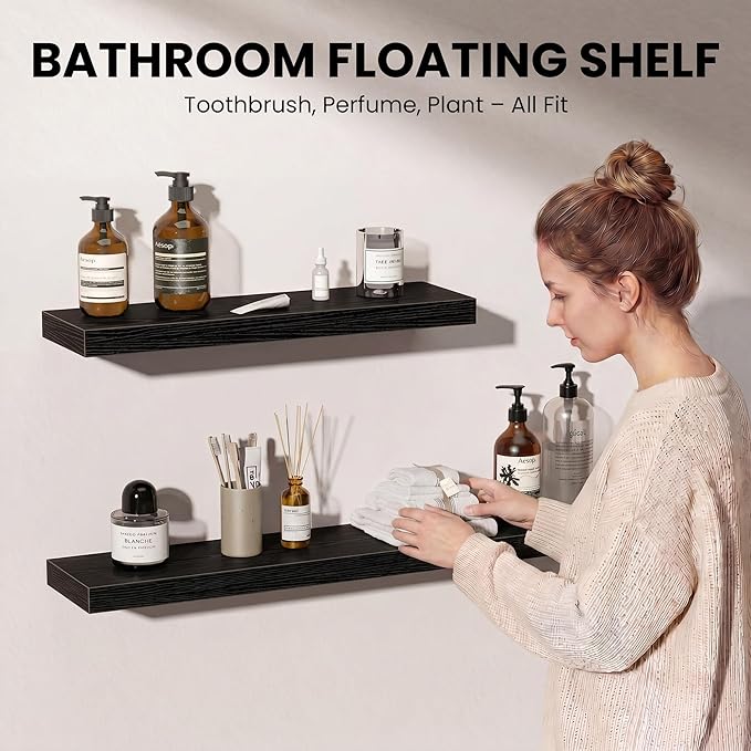 Fun Memories Floating Shelves for Wall, 36 Inch Long Set of 2 Rustic Wood Wall Shelves with Invisible Brackets, Heavy Duty Storage Display for Living Room Bedroom Kitchen, Black