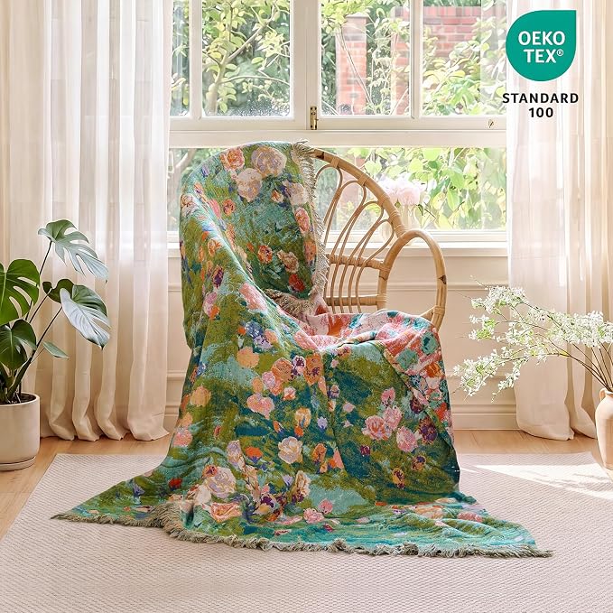 MSGKV Boho Throw Blanket for Couch Cotton Floral Blanket 50"x60" for Sofa Chair Throws Muslin Summer Breathable Lightweight Farmhouse Blankets Home Decor All Seasons