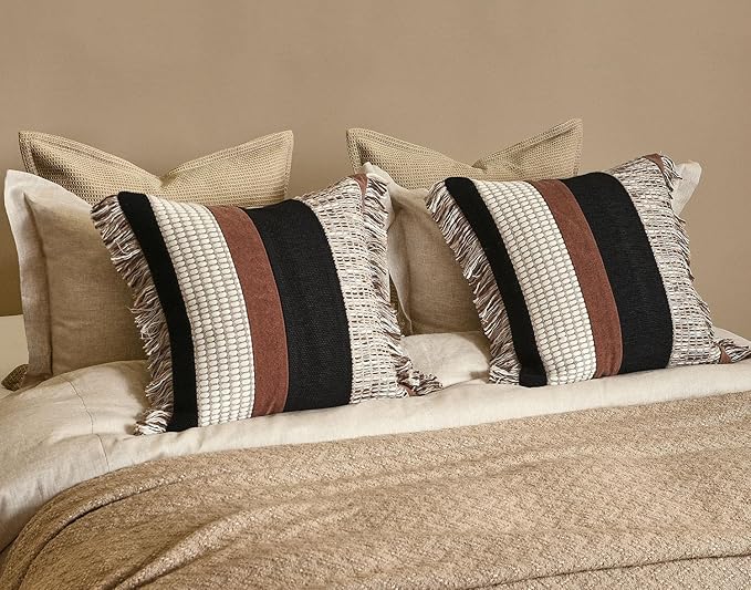 Black Boho Throw Pillow Covers 20x20 inch | Modern Accent Square Pillows Cover for Couch Bed Living Room Decorative