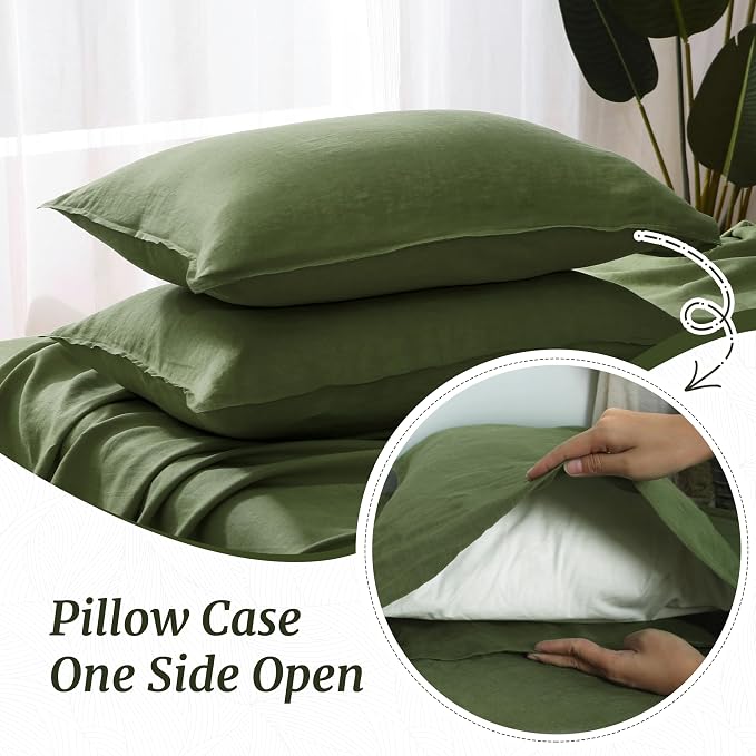 Linen Pillow Cases 100% French Natural Linen Pillowcase Set of 2-Stone Washed Moisture-Absorbing Linen Pillow Shams King Size(20''x40''),Olive Green