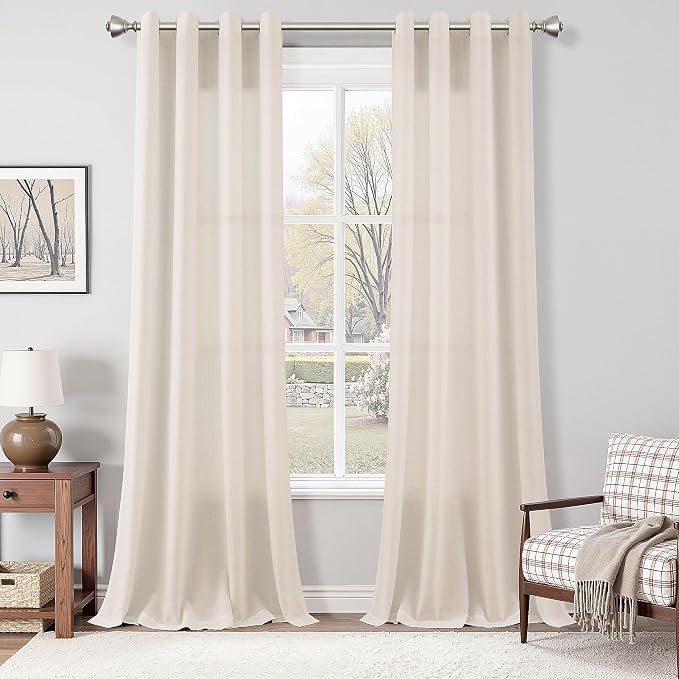 Nanspring Beige Linen Curtains 100 Inches Long for Living Room 2 Panels Earthy Tone Grommet Window Semi Sheer Window Curtain Privacy Light Filtering Modern Farmhouse Drapes for Bedroom 52x100