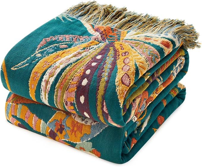 MSGKV Boho Throw Blanket for Couch 100% Cotton Embroidery Blanket 50"x60" Sofa Bed Chair Muslin Summer Breathable All Seasons Lightweight Farmhouse Blankets Home Decor