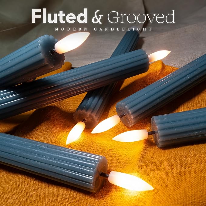 6 Pack, 10" LED Flameless Real Wax Blue Fluted Ribbed Grooved Taper Candles, Remote & 24h Timer Memory, On/Off Button, Dimmable, Flicker Mode, Battery Operated, Wedding