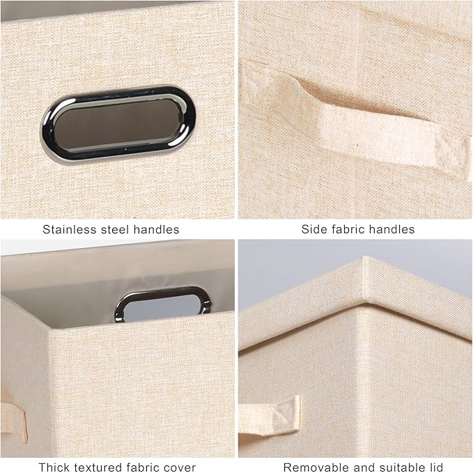 Graciadeco Large 17" 36 Quart Collapsible Stackable Storage Bins with Lids, 3 Packs Light Orange Linen Fabric Closet Boxes with Lids, Storage Cube Baskets Container Organizers for Office (17x12x11)