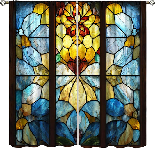 Stained Glass Curtains,Retro Abstract Colorful Art Home Decor Drapes for Bedroom Living Room Kitchen Window Treatment 2 Panels Set Total Size 42" W X 54" L Inch