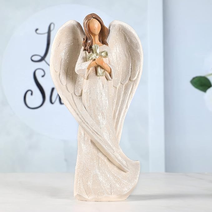 Hodao Cross Angel Figurine Gift, Hand-Painted Resin Guardian Angel Holding Cross, All-Season Meaningful Gift for Mom, Valentine’s Day Love, Easter Blessings & Year-Round Home Decor