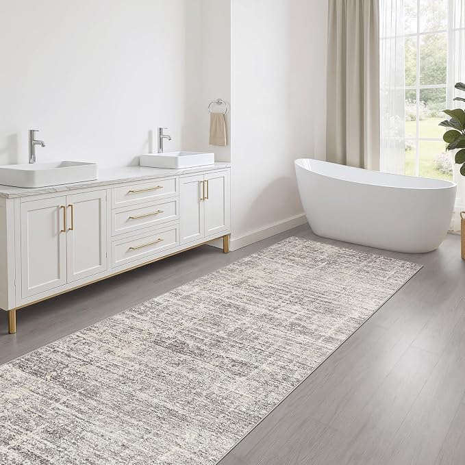 Runner Rug Non-Slip Kitchen Rug: 3x8 Washable Abstract Modern Soft Stain Resistant Indoor Floor Neutral Accent Throw Carpet for Hallway Bathroom Laundry Room Bedroom Entryway- Brown Gray