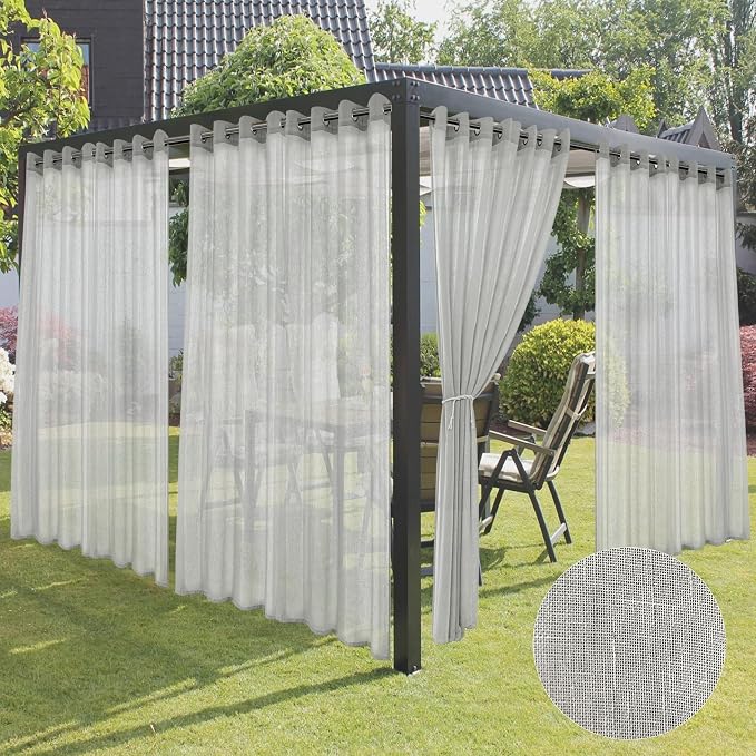 HolidayIdeas 4 Panels Outdoor Grey Sheer Curtains for Patio Waterproof 110x95 Inch-Extra Wide Voile Outside Curtains Light Filtering Grommet Drapes for Gazebo, Front Porch, Patio, Pool