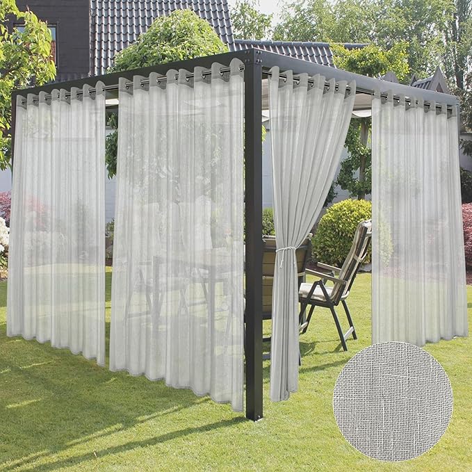 HolidayIdeas 4 Panels Linen Outdoor Sheer Curtains for Patio Waterproof-Grey Semi Sheer Wide Grommet Indoor/Outside Voile Curtains for Living Room, Bedroom, Porch, Pergola, Cabana 110x84 Inch