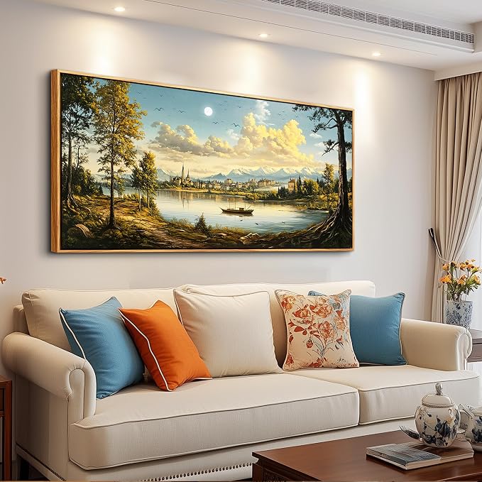 XIGUANGART Large Framed Wall Decor, Landscape Wall Art, Ocean Nature Wall Art, Riverside Farm Canvas Art Prints,Vintage Rustic Farmhouse Wall Decor Paintings for Living Room Bedroom Bathroom Kitchen