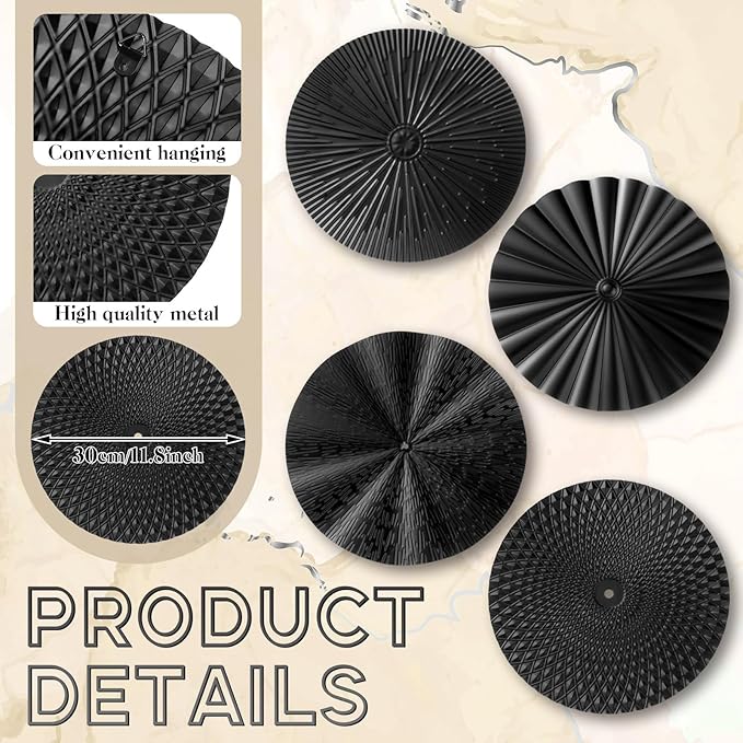 Hicarer 4 Pcs 12 Inch Metal Wall Art Decor Sunburst Hanging Metal Artwork Decor Wall Art Decorations for Home Living Room Office Gift for Christmas(Black)