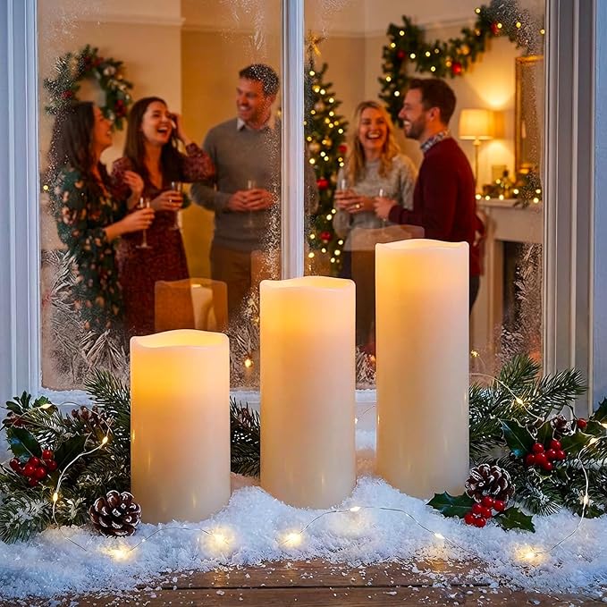10" 12" 14" x 5" Extra Large Waterproof Outdoor Flameless Candles Battery Operated LED Pillar Candles for Indoor Outdoor Lanterns, Off White, Long Lasting, Set of 3