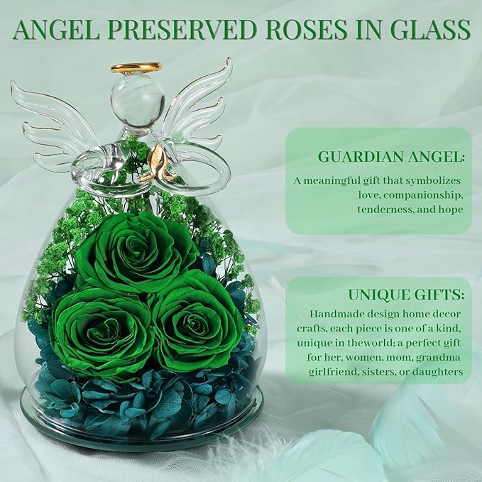 Beferr Mothers Day Mom Birthday Gifts for Women, Fresh Flowers for Delivery Forever Preserved Rose in Glass Angel Figurine, Anniversary Christian Real Rose for Grandma Nana Wife Mum from Daughter Son