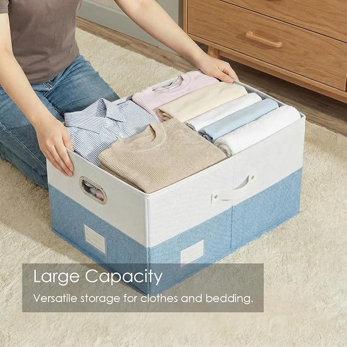 PRANDOM Storage Bins with Lids [3-Pack] Linen Fabric Foldable Storage Boxes Organizer Containers Baskets Cube with Cover for Bedroom Closet Office White&Blue (23.4X15.9X11.4)