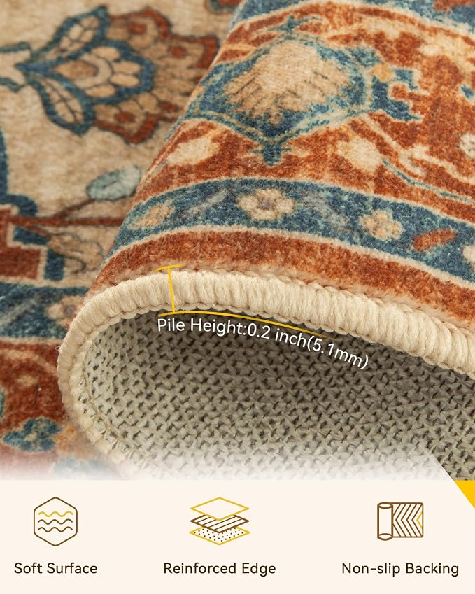 RELEANY Area Rugs Runner 2'x10' Washable Non-Slip, Floral Vintage Distress Medallion Carpet for Kitchen Hallway Bedroom Beside Laundry Room Bathroom, Red Orange Blue Brown
