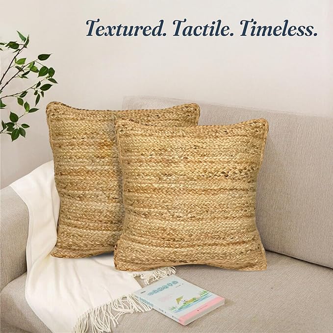The Fine Living Co. Jute Pillow Covers 18x18 Set of 2, Braided Jute Throw Pillows, Indoor Outdoor Boho & Farmhouse Decor, Natural Decorative Cushion Covers for Couch, Living Room & Patio