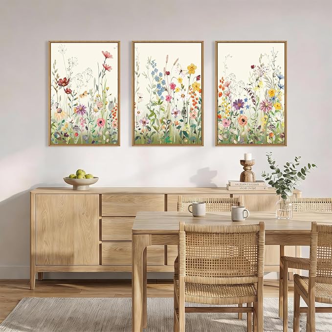 Large Watercolor Colorful Wildflower Framed Canvas Wall Art Set,Modern Natural Floral Botanical Wall Decor,Vibrant Flower Butterfly Landscape Artwork for Living Room, Bedroom,Office- 16"x24"x3