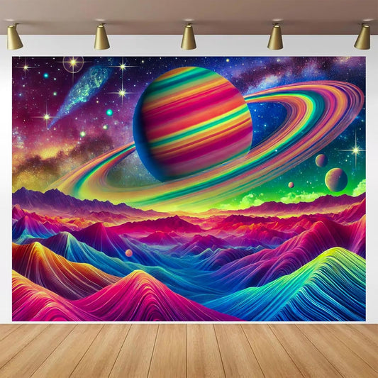 BlissYard Psychedelic Saturn Landscape UV Black Light Tapestry 78x59 Inches Art Color Neon Light Background Bedroom Living Room Wall Party Decoration Galaxy Planet Ringed Space Mountain Sci-Fi Scene
