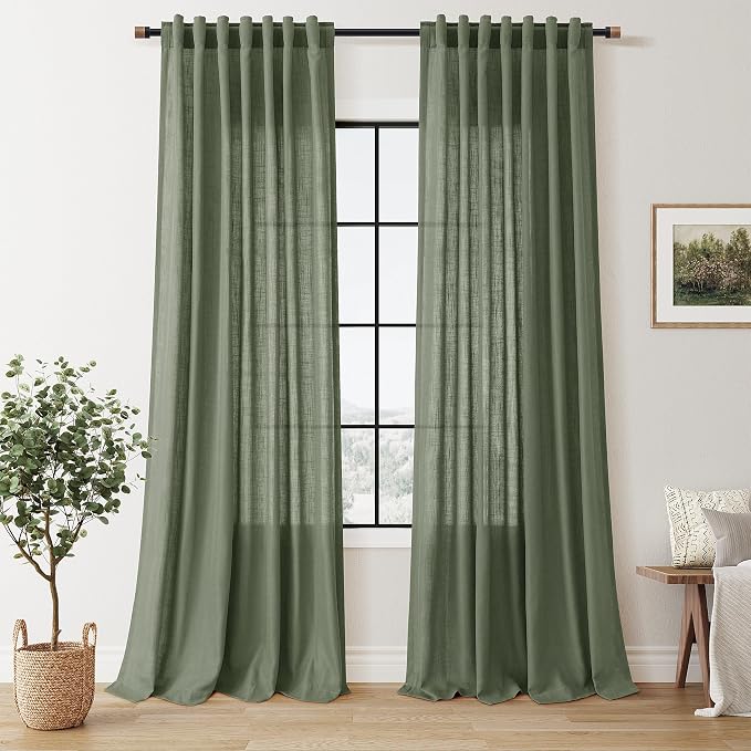 Nanspring Olive Green Linen Curtains Extra Long 120 Inches Long for Living Room 2 Panel Set Back Tab Boho Farmhouse Semi Sheer Curtain Drapes for Dining Room Large Window 10 FT Tall W50 x L120