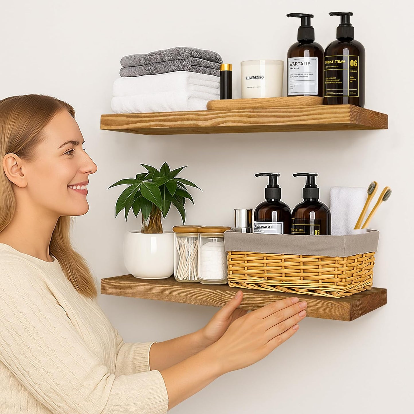 BGMG Wood Floating Shelves for Wall 30 inch Set of 2, Rustic Wooden Wall Mount Shelves for Living Room Bedroom Kitchen Farmhouse -30x6.7x1.25 inch- Gold Oak