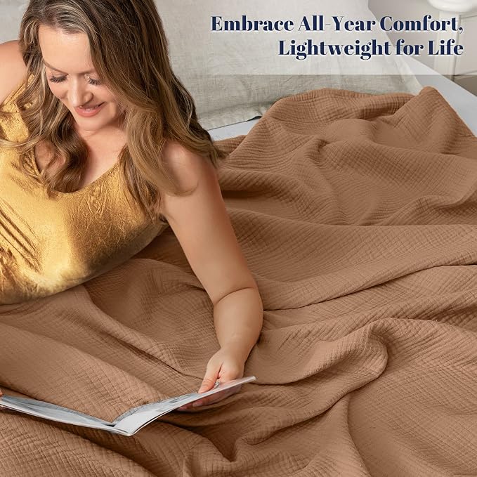 PHF 100% Cotton Muslin Blanket Queen Size 90"x90", 4-Layer Lightweight Gauze Throw, Breathable Cloud-Soft Minimalist Blanket for Bed, Couch, Camping & Baby, Clay, Ideal Gift