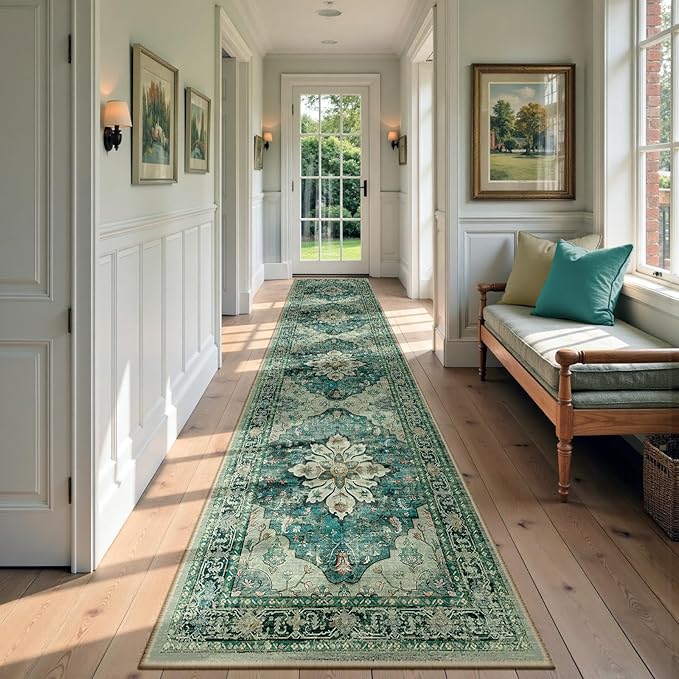 RELEANY Area Rugs 2'6''x14' Runner Rug Non Slip Washable for Kitchen Hallway Bedroom Beside Laundry Room Bathroom Rug, Floor Carpet, Dark Blue Vintage