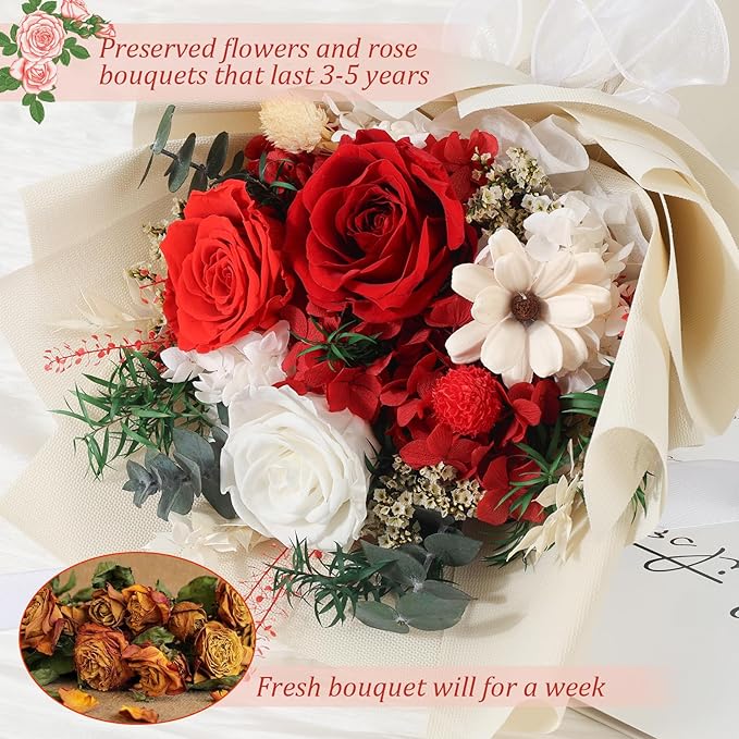 Flowers for Delivery Prime Preserved Flowers Bouquet with Vase That Last 3-5 Years Real Forever Flowers Red Rose Bouquet for Mom Mother Women Wife Friends Birthday Mothers Day Gifts