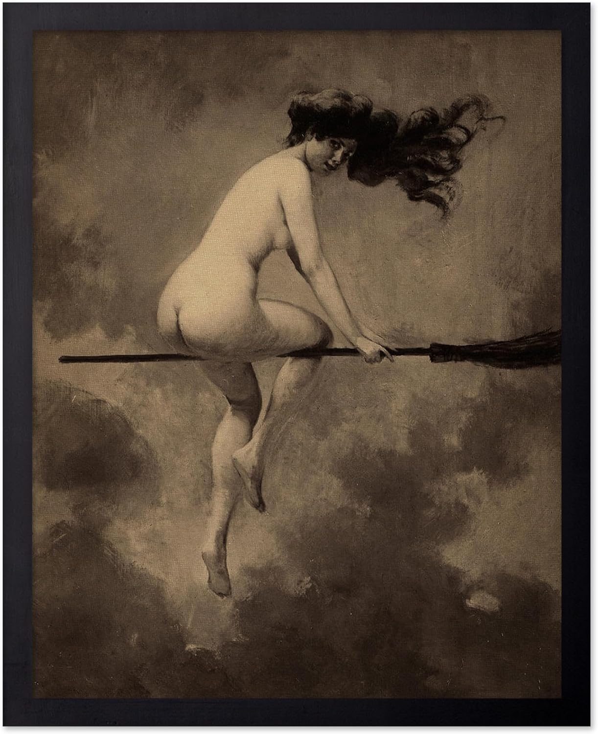 Poster Master Vintage Albert Joseph Penot Poster - Retro Halloween Print - Gift for Artist, Friend - Departure for the Sabbath, Naked Witch on Broom - Wall Decor for Bedroom, 16x20 Black Framed