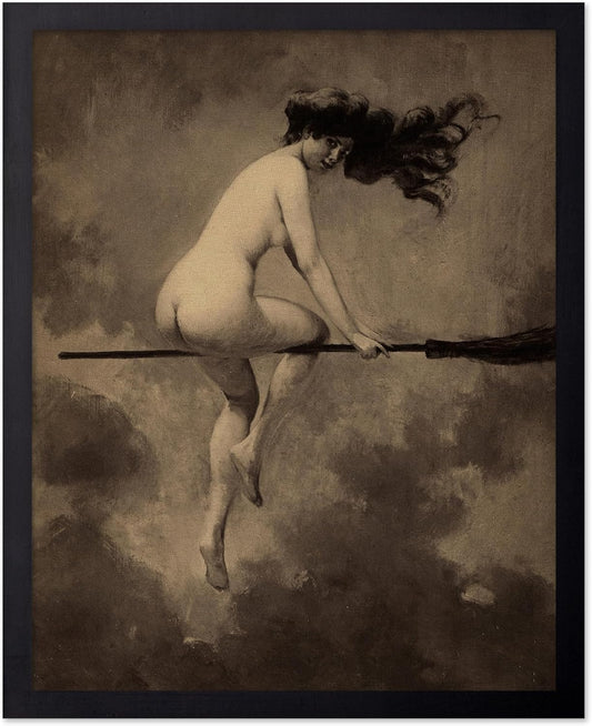 Poster Master Vintage Albert Joseph Penot Poster - Retro Halloween Print - Gift for Artist, Friend - Departure for the Sabbath, Naked Witch on Broom - Wall Decor for Bedroom, 16x20 Black Framed