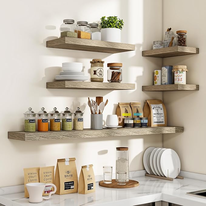 Acovy 16 Inch Floating Shelves, 3D Textured Wood Grain, 16"x9.25"x1.5" Inch Deep Floating Shelves for Wall, Wooden Shelves for Bathroom, Bedroom, Living Room, Vintage Gray Oak, 2 Pieces