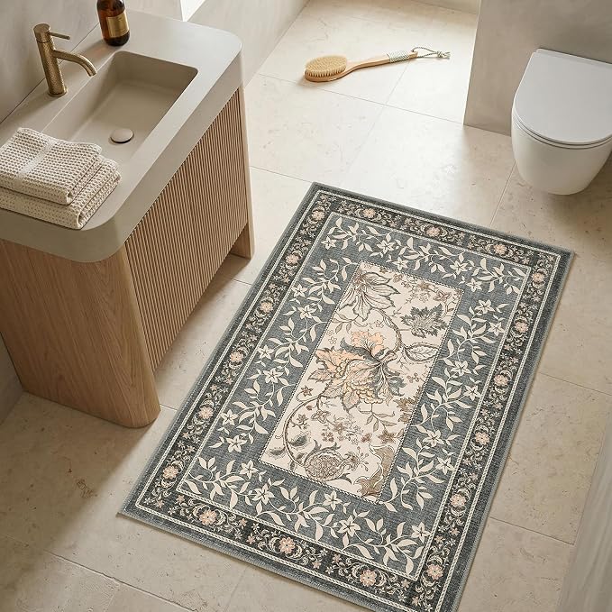 GarveeHome Grey Small Rug 2x3 Door Mat Indoor Vintage Cottage Core Farmhouse Low-Pile Stain Resistant Non-Slip Washable Rugs for Entryway Bathroom Bedroom Kitchen TPE Backing