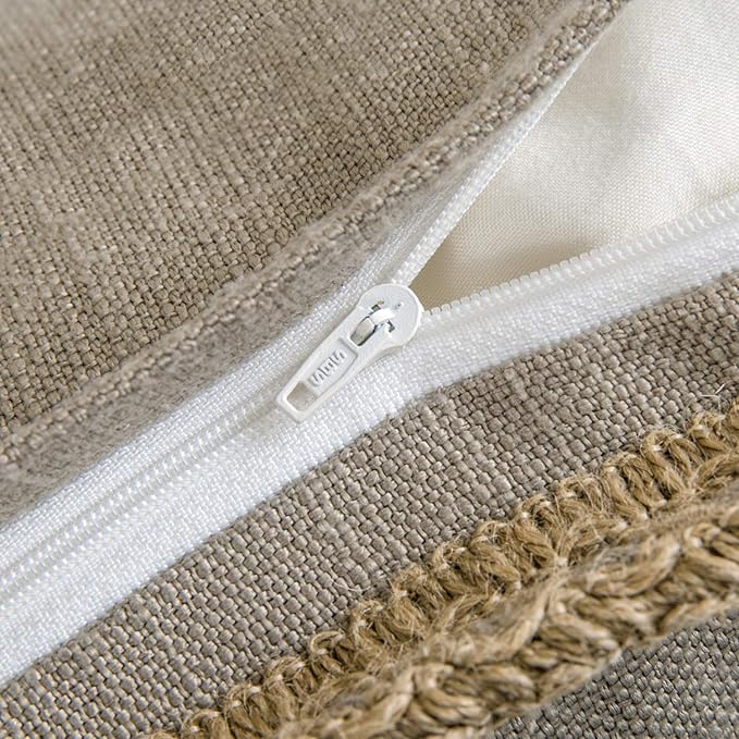 Phantoscope Pack of 2 Farmhouse Fall Decorative Solid Throw Decorative Pillow Cover Burlap Linen Trimmed Tailored Edges Beige 18 x 18 inches, 45 x 45 cm