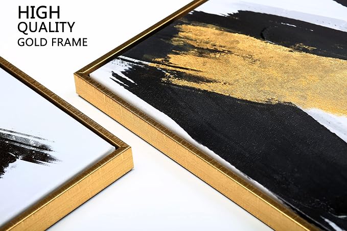 Sofoney - Gold Framed Black and Gold Abstract Canvas Wall Art Prints 3D Textured Black Brushstrokes Painting with Gold Foil, Modern Home Decor for Living Room Bedroom Office - 16"x24"x 3 Piece
