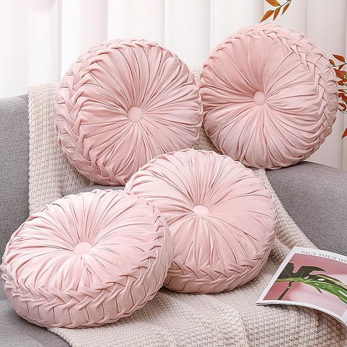 Beeveer 4 Pcs Round Throw Pillows 15 Inch Decorative Velvet Pleated Pumpkin Pillows Boho Floor Pillow with Center Button for Living Room Couch Chair Bed Sofa Home Decoration (Light Pink)