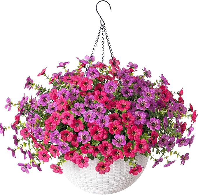 HyeFlora Artificial Fake Hanging Flowers Plants Basket for Outdoor Outside Decoration, Faux Silk UV Resistant Realistic Colorful Daisy in Planter for Porch Patio Garden Yard Home