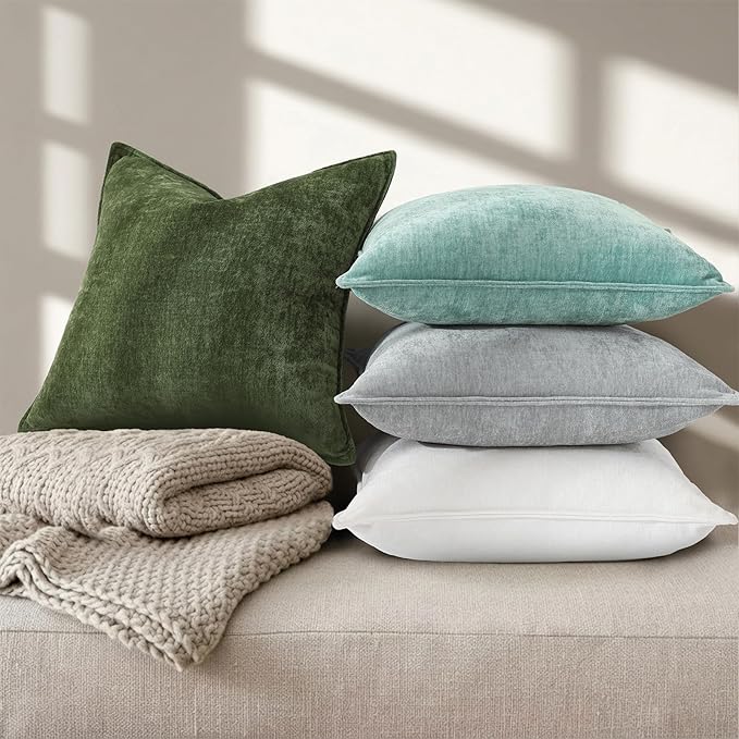 decorUhome Summer Couch Euro Sham Throw Pillow Covers 22x22 Set of 2, Decorative Soft Velvet Modern Cozy Chenille Pillow Cases with Elegant Design for Sofa Bed Living Room Home Decor, Moss Green