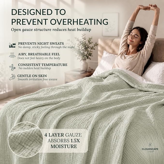 CLOUDSCAPE 4 Layer Muslin Blanket for Adults - 100% Cotton Blanket Queen Size Bedding - 92"x92" Fits Up to Full Size Bed - All-Season Lightweight Soft Gauze, Breathable Summer Blankets - Sea Foam