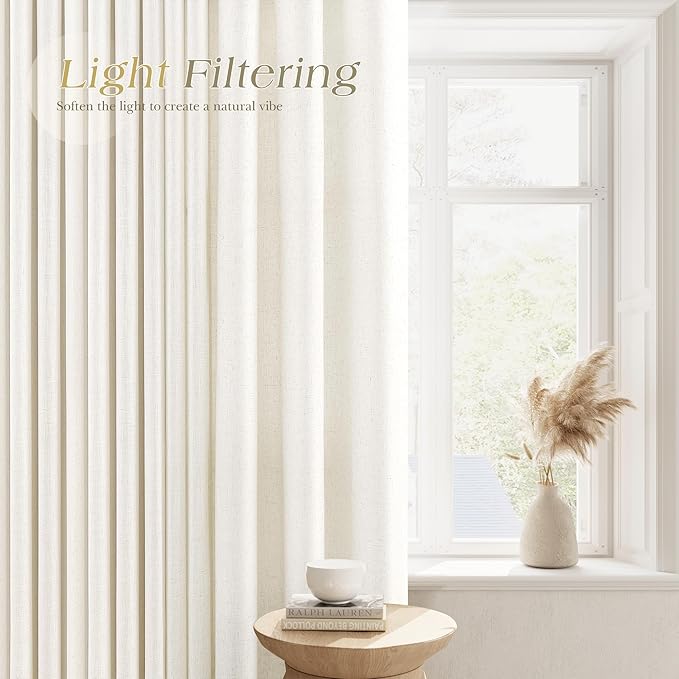 Natural Cream Linen Curtains 63 Inch Length for Living Room Neutral Grommet Top Light Filtering Semi Sheer Curtain Textured Modern Farmhouse Rustic Short Window Drapes for Bedroom 52x63,2 Panels Set