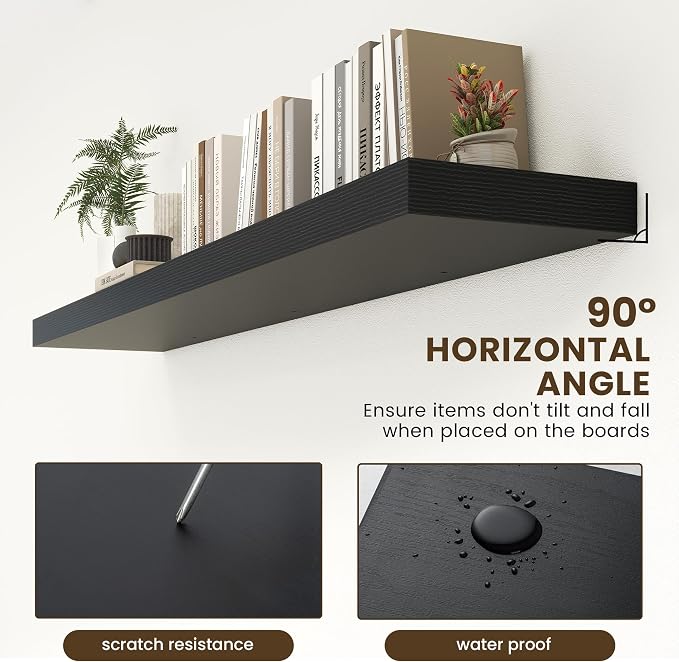 FLYJOE Deep Floating Shelves, 72 Inch Black Shelves Set of 1 | 12 Inch Deep Shelves for Wall, 72'' x 12'' Rustic Black Wood Shelves for Bathroom Living Room Laundry Room Kitchen