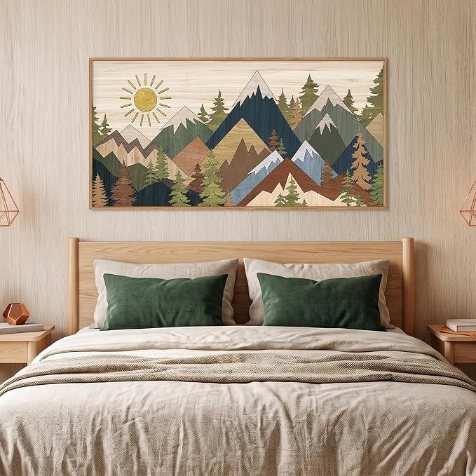 BICERE Large Abstract Mountain Woodcut Framed Canvas Wall Art,Vintage Pine Tree Wall Decor,Rustic Nature Forest Painting,Neutral Artwork for Living Room,Bedroom,Dining Room,Farmhouse - 20"x40"x1