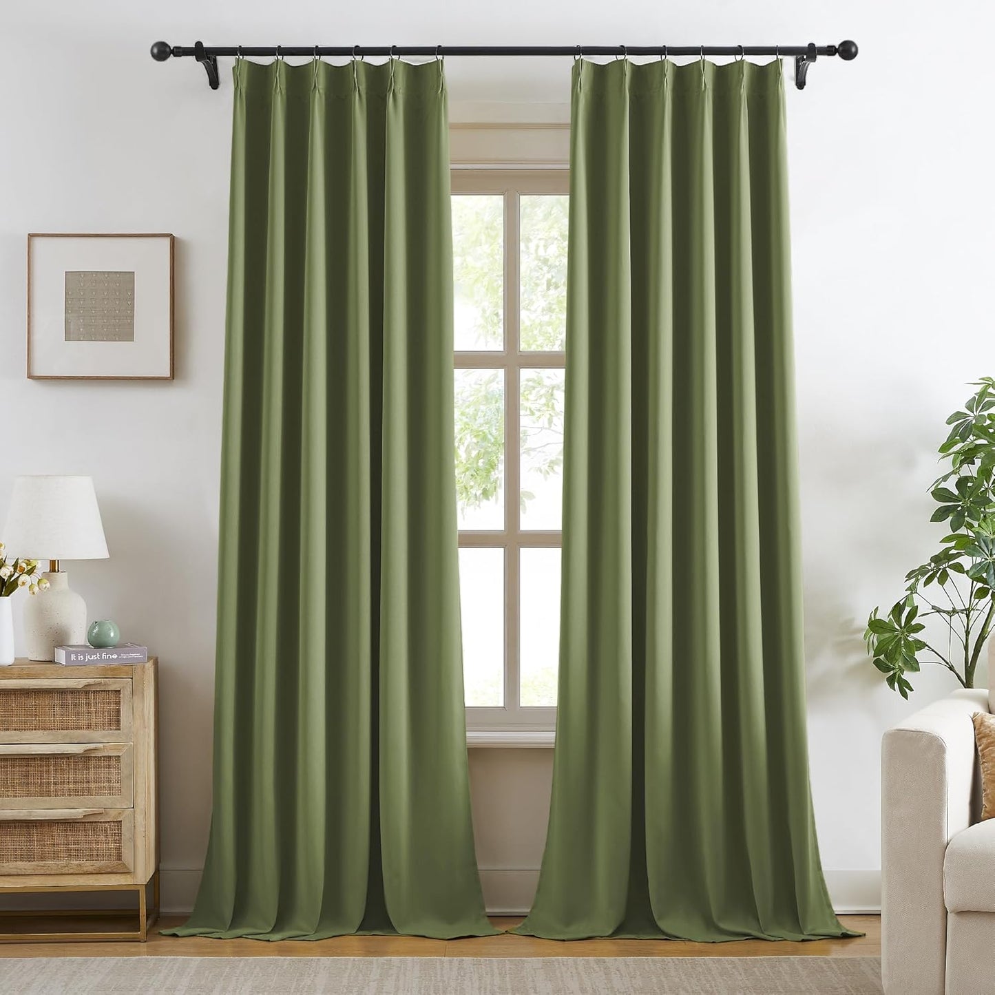 102 Inch Blackout Curtains Pinch Pleated Thermal Insulated Drapes for Bedroom, Room Darkening Solid Window Treatments for Living Room for Traverse Rod With Hooks(2 Panels,40x102 Inch, Sage Green)